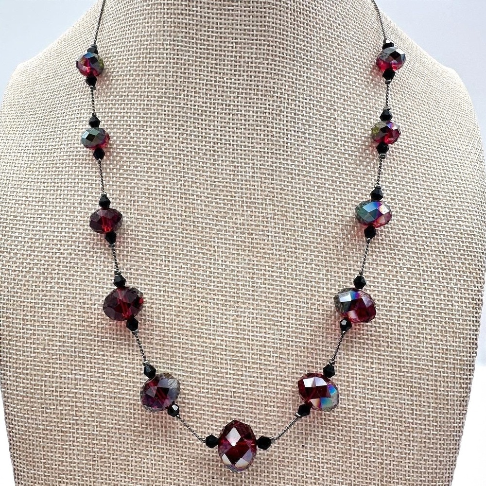 Vintage 90s‎ Silver Tone Red AB Faceted Beaded Necklace Women's Classic Jewelry